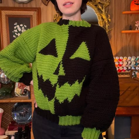 Crochet Tops Free Patterns Halloween, Pumpkin Sweater Crochet Pattern, Crochet Halloween Clothes Patterns Free, Halloween Inspired Crochet, Fall Crochet Clothing Ideas, Crochet Gamer Patterns, Crochet Halloween Sweater Pattern Free, Halloween Sweater Crochet Pattern, Crochet Pumpkin Sweater