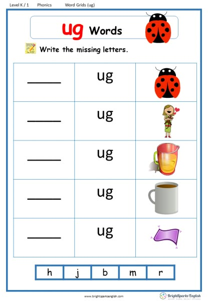 Ug Words Worksheet, Ug Word Family Worksheets, Ug Family Words Worksheet, Family Words Worksheets For Kids, Ug Family Words, Ukg Worksheets English, Ug Word Family, Family Words, Phonics Worksheets Free