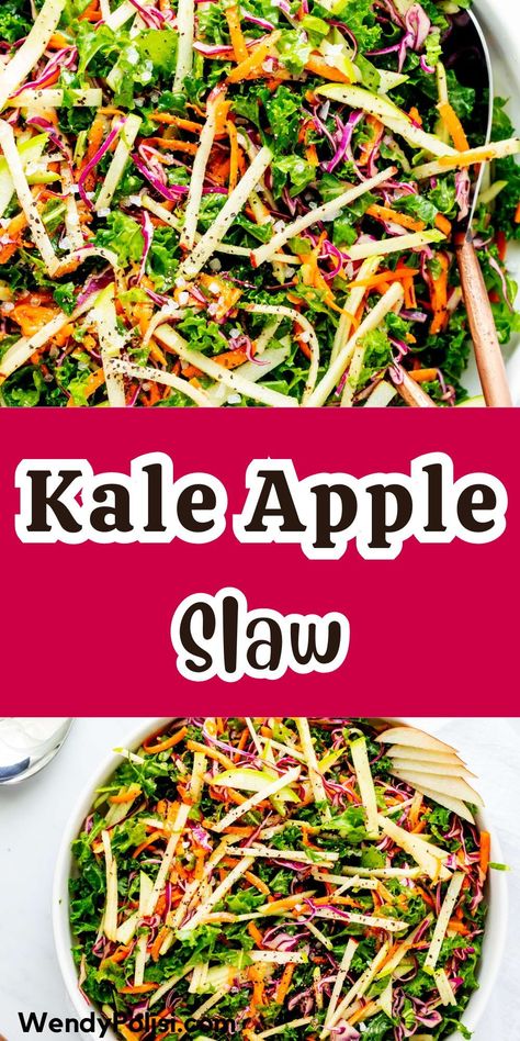 Learn how to create a vibrant Kale Apple Slaw that's perfect for holiday gatherings but delicious year-round. This easy recipe combines the earthy bitterness of kale with the sweet crunch of apples for a side dish bursting with flavor and texture. Best of all, it's ready in just 15 minutes, making it a quick and easy addition to any meal. So come along, let's learn how to whip up this fresh, healthy, and undeniably tasty apple kale slaw together! Kale And Apple Salad Recipes, Kale And Apple Slaw Recipe, Tropical Smoothie Kale Apple Slaw Recipe, Kale Apple Slaw Recipe, Kale Ideas, Kale Coleslaw, Kale Slaw Recipe, Apple Kale Salad, Apple Slaw Recipe