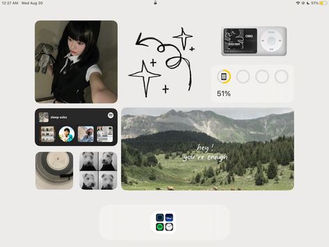Ipad App Layout Homescreen, Ipad Theme Ideas Aesthetic, Aesthetic Ipad Layout, Ipad Organization Homescreen, Ipad Home Screen Ideas, Ipad Homescreen Layout, Ipad Layout Ideas, Ipad Aesthetic Organization, Ipad Homescreen Ideas