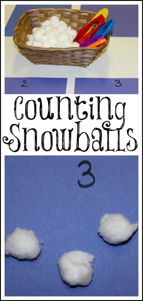 Counting Snowballs from www.fun-a-day.com - A winter math activity for preschoolers. Easy to set up, with a lot of learning! Preschool Winter Math Activities, Preschool Winter Math, Winter Lesson Plan, Winter Theme Preschool, Winter Math Activities, Activity For Preschoolers, Winter Activities Preschool, Winter Classroom, Winter Math