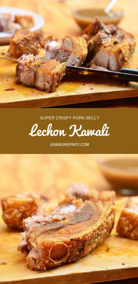 Lechon Kawali is a popular Filipino dish made with pork belly simmered until tender and then deep-fried until golden and crisp. With crunchy skin and super moist meat, every morsel is pork heaven! via @lalainespins Lechon Kawali Recipe, Panlasang Pinoy Recipe, Kawaling Pinoy, Lechon Kawali, Filipino Dish, Pinoy Recipes, Pork Belly Recipes, Crispy Pork Belly, Filipino Desserts