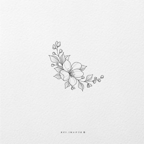 Cherry Blossom Tiny Tattoo, Bunami Ink Flowers, Fineline Cherry Blossom Tattoo, Tattoo Ideas Cherry Blossoms, Cherry Blossom Tattoo Drawing, Cherry Branch Tattoo, Simple Cherry Blossom Tattoo, Floral Tattoo Drawing, Cherry Flower Tattoo