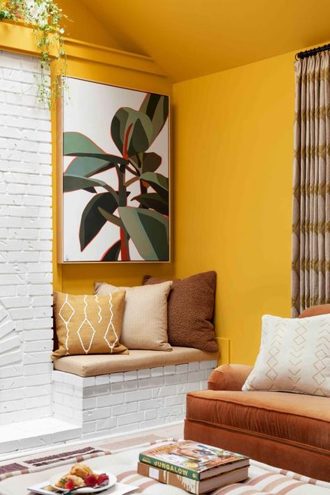 Room Color Inspiration, Yellow Painted Walls Living Room, Yellow Walls Decor, Mustard Living Room Walls, Mustard Yellow Living Room Walls, Yellow Wall Decor Living Room, Mustard Wall Paint Bedroom, Marigold Living Room, Yellow Paint Interior