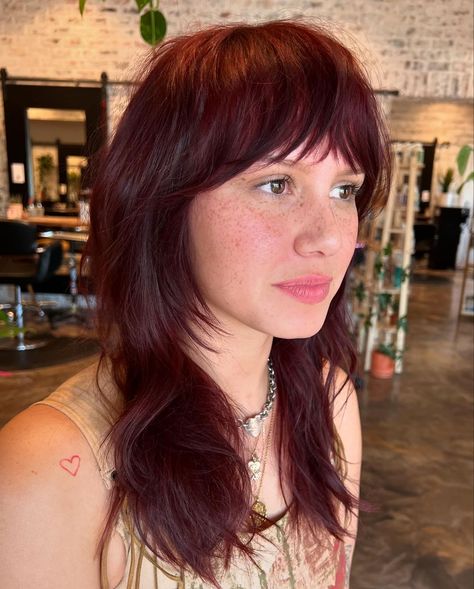 Oooh la la. 🫶🏽 It’s amazing that every single shag cut feels like it was made for that specific client. I always do my best to help… | Instagram Shag Hairstyles With Color, Shag Half Up Half Down, Nicole Rafiee Hair Shag, Shag Haircut With Bangs Straight Hair, Shag Hair Bangs, Burgundy Shag Hair, Medium Lenght Shag, Red Hair In The Sun, Dark Red Shag Haircut