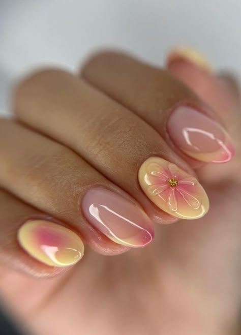 Aura Nails, pink nails, yellow nails, summer nail trends, floral nail art, unique nail ideas Bee Nails, Girly Acrylic Nails, Her Nails, Beach Nails, Yellow Nails, Nails 2024, Funky Nails, Floral Nails, Minimalist Nails