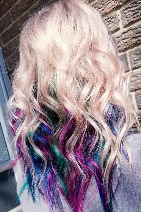 Long wavy blonde hair with hidden rainbow. More peekaboo ideas on our web-site. #lovehairstyles #peekaboo #peekaboohair #haircolor Peekaboo Hair Ideas, Peak A Boo Hair, Long Wavy Blonde Hair, Wavy Blonde Hair, Funky Hair Colors, Peekaboo Hair Colors, Mermaid Hair Color, Peekaboo Hair, Blonde Wavy Hair