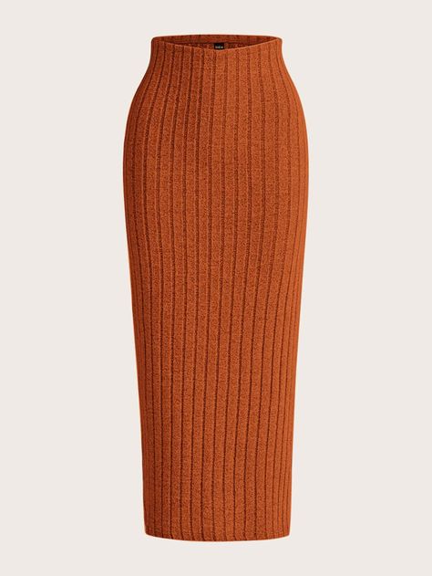 SHEIN EZwear High Waist Ribbed Knit Skirt Orange Skirt Outfit, Ribbed Knit Skirt, Knit Skirt Outfit, Stylish Work Attire, Orange Skirt, Knit Pencil Skirt, Skirt Outfit, Orange Fashion, Knit Skirt