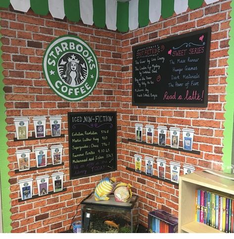 Coffee Shop Reading Corner Classroom, Star Books Cafe Classroom, Coffee House Theme Party, Bookstore Classroom Theme, Coffee Shop Theme Classroom, Starbucks Book Tasting, Poetry Cafe Room Transformation, Starbooks Display, Reading Cafe In Classroom