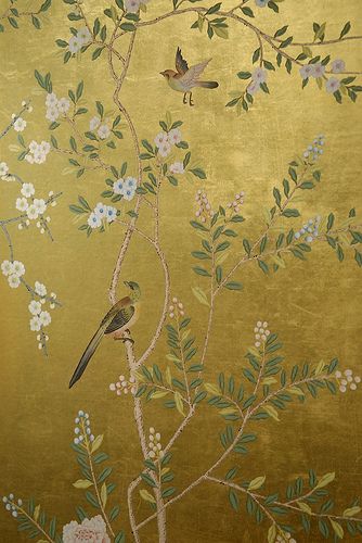 Gold Chinoiserie Wallpaper, De Gournay Wallpaper, Chinese Wallpaper, Hand Painted Wallpaper, Silk Wallpaper, Chinoiserie Wallpaper, Chinoiserie Chic, Birds And Flowers, Hand Painted Silk