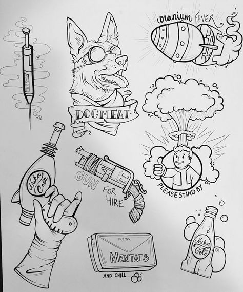 Dogmeat Tattoo, Gaming Flash Tattoo, Gaming Tattoo Designs, Video Game Flash Tattoo, Nuka Cola Tattoo, Black And White Tattoo Ideas, Fallout Tattoo Ideas, Fallout 4 Tattoos, Video Game Tattoo Ideas