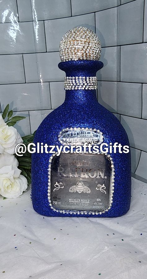 Blinged Bottles, Bedazzled Stuff, Alcohol Bottle Decorations, Alcohol Bottle Crafts, Decorated Liquor Bottles, Patron Bottle, Bottle Decorations, Starry Night Wedding, Patron Tequila