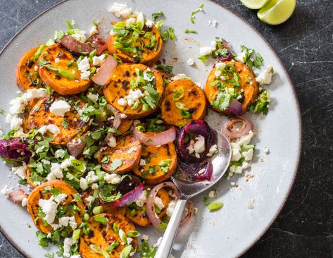 Recipe: America's Test Kitchen's Grilled Sweet Potato Salad America Test Kitchen, Grilled Potato Salad, Potatoes Salad, Sweet Potato Sides, Cooks Country Recipes, Grilled Sweet Potatoes, Cooks Country, Potato Salad With Egg, Sweet Potato Salad