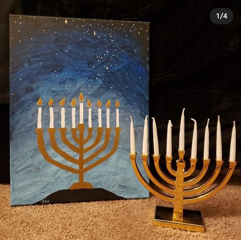 Hanukkah Paintings, Menorah Painting, Kids Paint Night, Menorah Art, Jewish Paintings, Jewish Art Projects, Hanukkah Art, Black Canvas Paintings, Paint Night