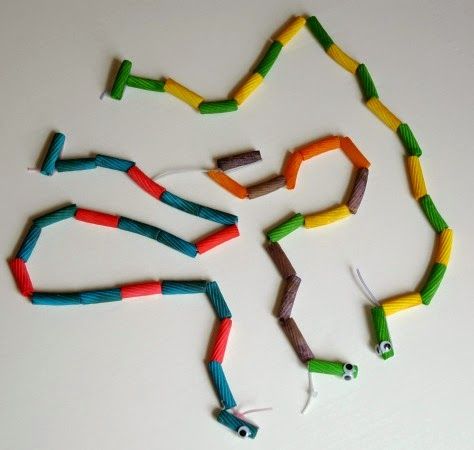 snake pasta threading for jungle theme; center for patterns and motor skills; colored pasta Pasta Threading, Jungle Preschool, Rainforest Preschool, Music Crafts Preschool, Jungle Vbs, Rainforest Crafts, Preschool Jungle, Jungle Activities, Library Storytime