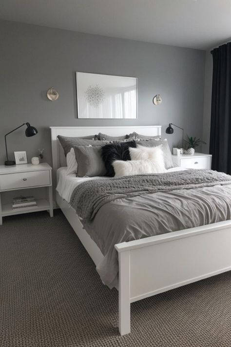 White Black Gray Aesthetic, Light Gray Room Ideas, Blue Gray Room Bedroom Ideas, Grey Bedroom White Furniture, Grey Carpet Bedroom Decor, Grey Walls Bedroom Aesthetic, Bedroom Ideas For Small Rooms Black, Light Grey Room Aesthetic, Grey Small Bedroom Ideas