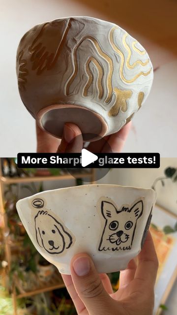 Michelle Makes! on Instagram: "After all the buzz around my last Sharpie + glaze reel, I’m sharing a few more tests I did! The gold Sharpie is unmatched at giving those crisp and clean glaze lines 🤩 
.
.
.
#ceramics #pottery #glaze #goldsharpie #waxresist #glazing #underglaze #handbuiltceramics #handbuilding" Ceramic Underglaze, Glaze Techniques, Gold Sharpie, Shino Glaze, Pottery Glaze, Glaze Paint, Sharpie Marker, Wax Resist, Ceramic Ideas