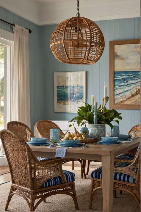 coastal dining room decor ideas in woven rattan chairs Coastal Dining Room Decor, Modern Coastal Dining Room, Beach House Dining Room, Coastal Table Decor, Coastal Style Living Room, Coastal Dining, Eclectic Wallpaper, Coastal Dining Room, Curated Decor