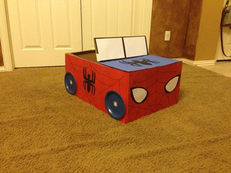 SpiderMan box car made for the kids Cardboard Box Car Ideas, Car Box Ideas For Kids, Card Board Box Car Diy, Kids Box Car Ideas, Cardboard Box Cars, Cardboard Box Car Ideas For Kids, Diy Cardboard Box Car, Cardboard Car Diy, Box Cars For Kids