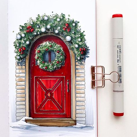 Merry Christmas Drawing1 Festive red door with Christmas wreath drawing alongside a Copic marker for artistic decoration inspiration. | Sky Rye Design Christmas Marker Drawing, Christmas Marker Art, Christmas Drawings Beautiful, Christmas Art Drawing, Christmas Wreath Drawing, Merry Christmas Drawing, Pen Art Work, Copic Marker Art, Copic Art