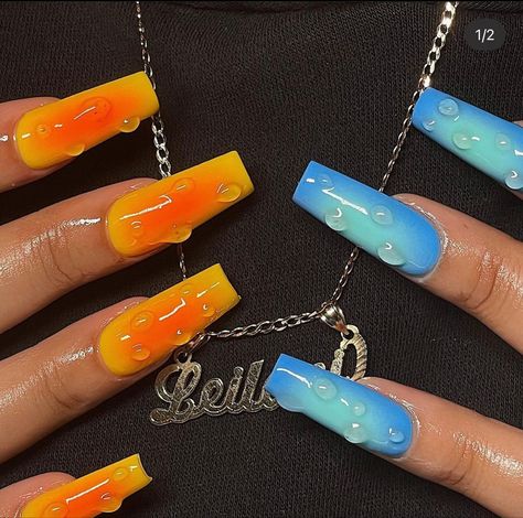 Bright Aura Nails, Orange Airbrush Nails, Mix Match Nail Designs, Blue And Orange Nails Designs, Trendy Orange Nails, Hue Nails, Airbrush Nail Designs, Water Drop Nails, Air Brush Nails