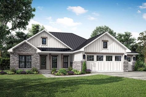 This modern rustic ranch home plan is budget- friendly in that it comes in at just 1,498 square feet of heated living space (i.e. less materials than a larger home and a standard footprint).Inside, you get a split bedroom layout with the great room - with 10' ceiling - open to the kitchen and dining area giving you open front-to-back living.The kitchen has a roomy 3' by 7' island and a pantry (4'8" by 4'2"). A sliding door on the back wall opens to the outside where a patio - not included in the 3 Car Garage Ranch House Plans, Modern Farmhouse Ranch Style Homes, Ranch Home With Garage, Two Vanity Bathroom, Updated Ranch House, Ranch Style Homes Plans, Starter Home Floor Plans, Small Ranch House Exterior, Ranch Home Exteriors