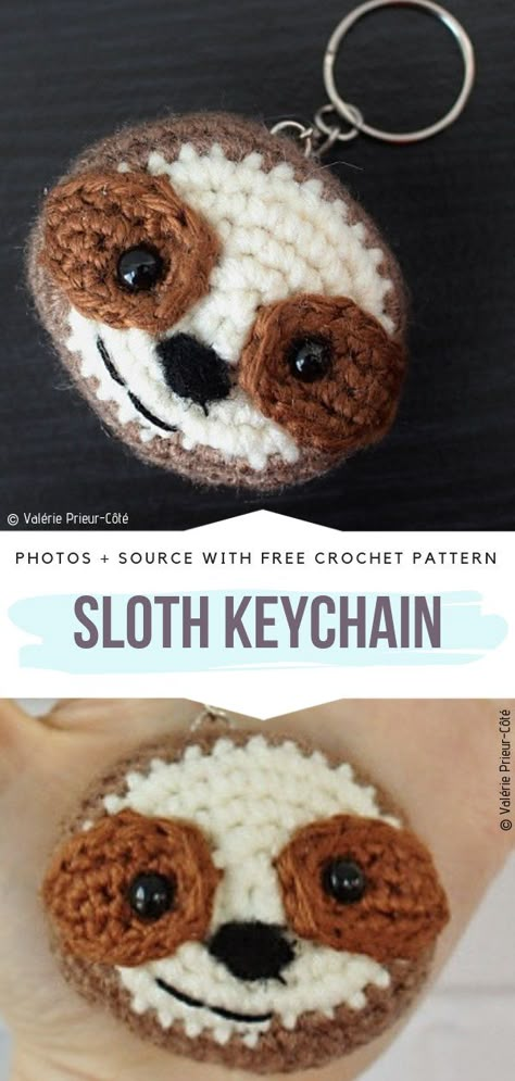 Sloth Keychain Free Crochet Pattern Crocheted Sloth, Crocheted Keychains, Crochet Keyring Free Pattern, Crochet Keyrings, Sloth Crochet, Keychain Patterns, Sloth Pattern, Sloth Keychain, Crochet Keychains