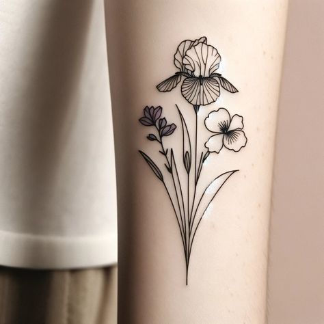 Iris Bouquet Tattoo, Iris Violet Tattoo, Violet And Iris Tattoo, Violet Flower Tattoo Designs, Violet And Iris Flower Tattoo, Iris Flower Tattoos, Violet Tattoos, Liam Tattoo, Violet Flower Tattoo