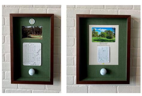 Hole In One Golf Ball Display, Hole In One Display Golf, Hole In One Shadow Box Ideas, Golf Shadow Box Ideas, Hole In One Display, Golf Ball Display Case, Golf Pro Shop, Golf Scorecard, Golf Ball Displays