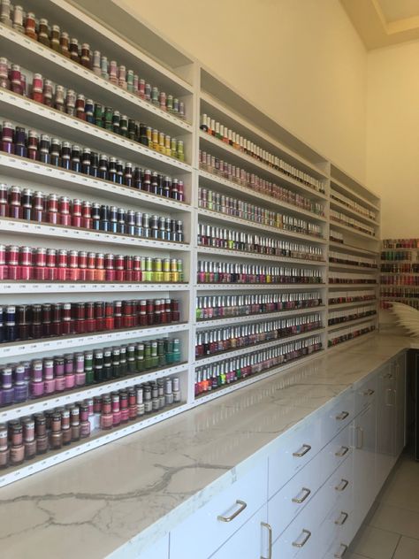 Nail Polish Set Up, Nail Powder Storage, Nail Polish Storage For Salon, Nail Salon Polish Display, Nail Polish Collection Aesthetic, 2000s Nail Salon Nails, At Home Nail Salon Room Art Kit & Tools, Nail Technician Room, Tech Room