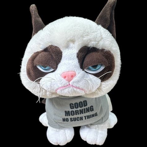 Embrace the grumpy charm of Grumpy Cat with this delightful plush, a nod to the famous internet sensation. This small-sized stuffed animal is perfect for fans of all ages, capturing the essence of Grumpy Cat's iconic grumpy expression in a way that's both playful and endearing. Crafted with care, the plush cat is part of the beloved Grumpy Cat character family and is sure to spark joy and laughter with its witty "Good Morning. No Such Thing" phrase. Whether it's a collectible or a cuddly companion, this Grumpy Cat plush makes a purr-fect addition to any collection or playtime routine. This plush is used and has normal wear and tear. There are some loose threads on the shirt but it is good condition overall. Please review all photos carefully. Sold as is.  **Don't forget to check out our ot Internet Cats, Cat Character, Cat Plush, Spark Joy, Grumpy Cat, Animal Pictures, Stuffed Animal, Wear And Tear, Don't Forget