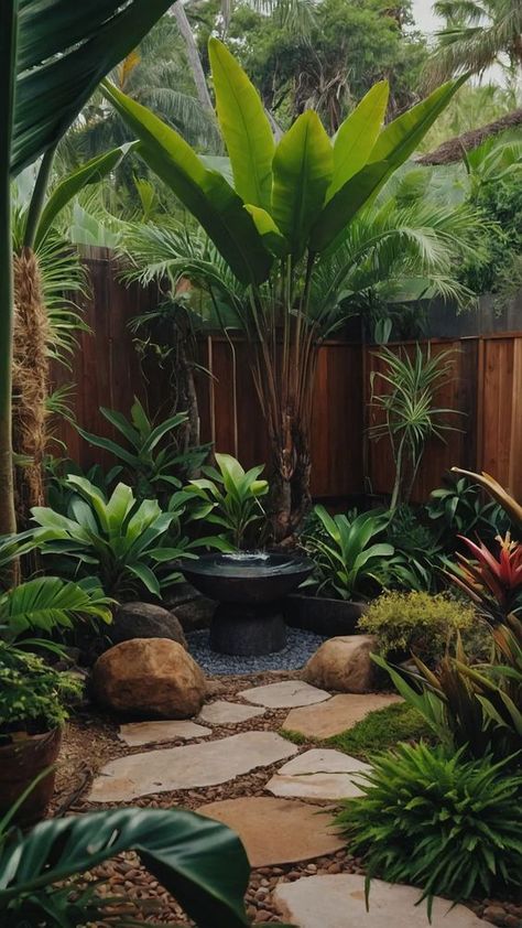 Say Aloha to Your Dream Backyard: 15 Fun Tropical Landscaping Tips - Inspire Inlet Tropical Courtyards Landscape Design, Garden Palm Trees, Modern Tropical Garden Design, Bali Backyard, California Pool, Tropical Pool Landscaping, Small Tropical Gardens, Tropical Backyard Landscaping, Tropical Patio