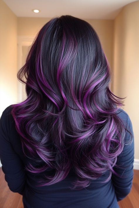 #BEAUTY ,#REALATIONSHIPS #Fashion #Outfits #Winter Outfits #Animals Long Black Hair With Purple Streaks, Purple Hair With Green Highlights, Balayage Purple Hair Brunettes, Amethyst Purple Hair, Black With Colored Highlights, Black Hair With Purple Highlights Long, Dark And Purple Hair, Purple Hair With Black Highlights, Brunette And Purple Hair