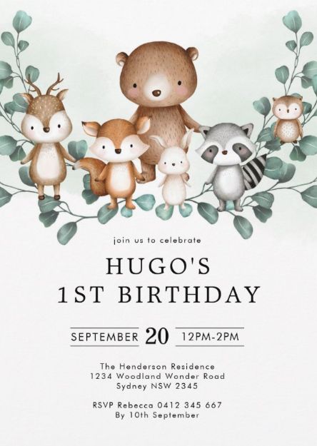 Invite your guests with these whimsical woodland themed birthday invitations, featuring soft eucalyptus greenery wreath and a group of adorable forest animals. afflink Forest Animals Birthday Party, Woodland Theme Birthday, Woodland Forest Animals, Animal Themed Birthday Party, Whimsical Woodland, 1st Birthday Themes, 1st Birthday Invitation, Animal Birthday Party, Boy Birthday Invitations