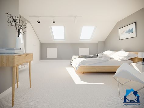 Computer designed illustration of the master bedroom created by extending a terraced home with an l-shaped loft conversion Loft Conversion Bedroom, Slanted Walls, Attic Bedroom Designs, Loft Office, Loft Bedroom, Attic Design, Attic Bedrooms, Attic Renovation, Attic Remodel