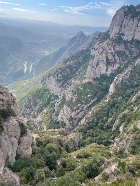 #mountains #spain #barcelona #aesthetic #monastry #summer #hike Barcelona Mountains, Spanish Mountains, Barcelona Aesthetic, Spain Trip, Mountain Aesthetic, Mountains Aesthetic, Directional Signage, Spain Barcelona, Summer Hike