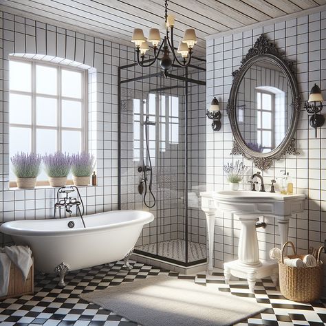 Include a large mirror with a wrought iron frame to further enhance the French aesthetic. The bathroom should have a corner shower with clear glass partitions. A small, chic French chandelier hangs from the middle of the bathroom, casting a soft and warm glow. A window with opaque glass should be positioned above the tub, ensuring privacy and natural lighting. Lavender plants on the windowsill and a woven hamper bring in French countryside charm. Half Bathroom Black And White, Vintage Bathroom Black And White, Bathrooms With Black And White Checkered Floor, Bathroom Black And White Floor, Victorian Style Homes Interior, Black And White Marble Checkered Floor Bathroom, Clawfoot Tub And Separate Shower Bathroom, Black And White Bathroom Clawfoot Tub, Vintage Bathroom Inspiration