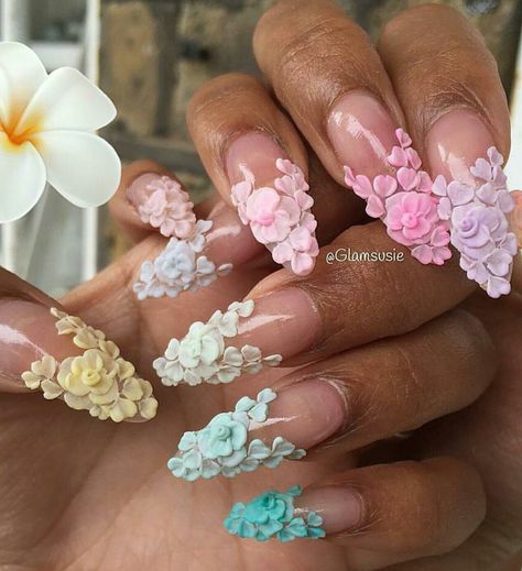 Floral tip spring color pastel nails Nail Art Flower, 3d Acrylic Nails, 3d Nail Designs, 3d Nail Art Designs, Natural Nail Art, 3d Flower Nails, Nagellack Trends, Easy Nails, Flower Nail Designs