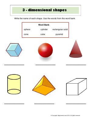 Worksheet | 3 - Dimensional shapes | Write the name of the each 3-D shape. 3 D Shapes, 3 Dimensional Shapes, Inspirational Bulletin Boards, Two Dimensional Shapes, Shapes Lessons, Math Addition Worksheets, Dimensional Shapes, Geometry Worksheets, Addition Worksheets