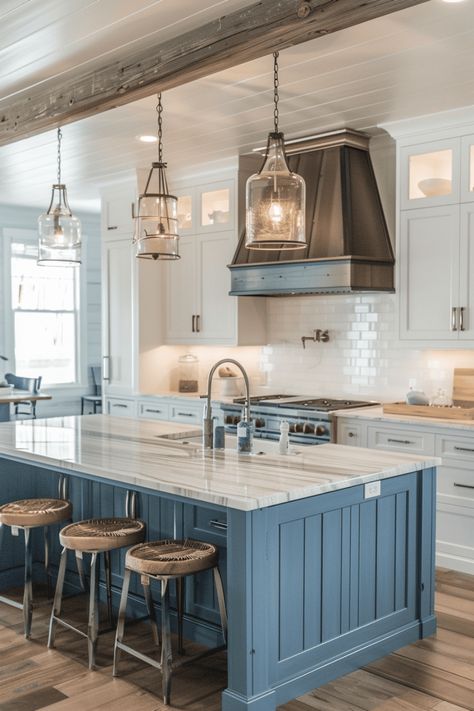 Create welcoming kitchen spaces that beckon family and friends to gather, inspired by seaside living. Cozy Lake House Kitchen, River House Kitchen, Lake House Kitchen Ideas, Lakehouse Kitchen Ideas, Farmhouse Kitchen Designs, Distressed Wood Table, Welcoming Kitchen, Small Lake Houses, Lakehouse Kitchen