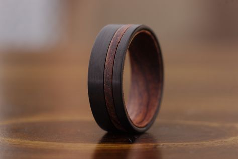 Wood And Tungsten Wedding Band, Black Mens Wedding Band, Wooden Wedding Rings, Rosewood Wedding, Mens Wood Rings, Mens Wedding Bands Black, Wooden Wedding Bands, Wood Inlay Rings, Wooden Wedding Ring