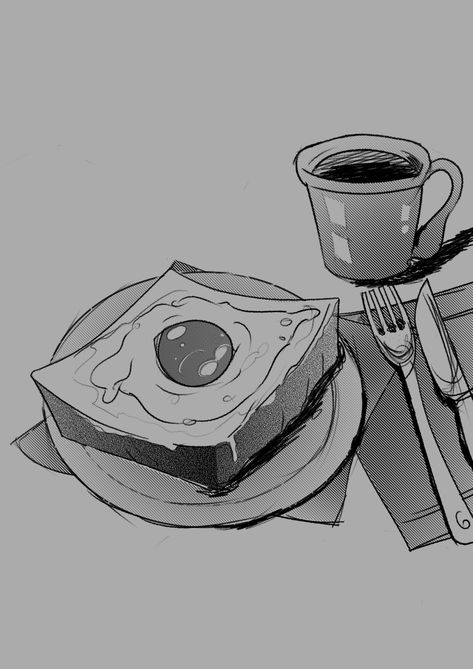 01 sketch of my daily sketch, whose prompt was "starter". I did a sketch of breakfast with toast and coffee. I used screentones available in CSP for the shading. Coffee Drawing Ideas, Breakfast With Toast, Daily Sketch, Coffee Drawing, Reference Poses, Drawing Reference Poses, Art Sketchbook, Drawing Reference, Drawing Sketches