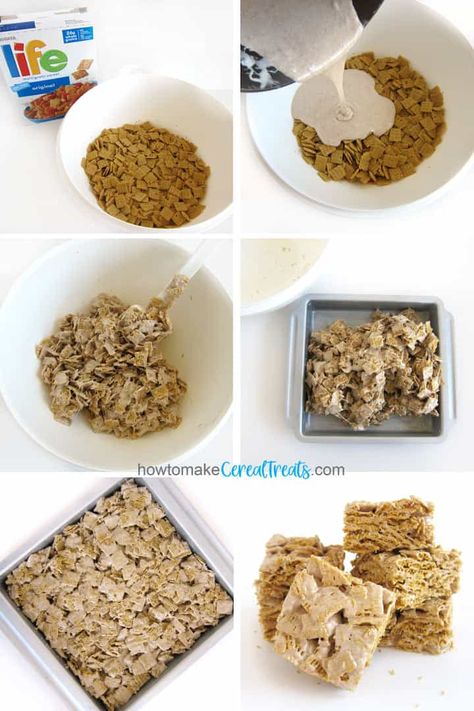 Recipes Using Life Cereal, Cinnamon Life Cereal Treats, Life Cereal Bars, Cinnamon Life Cereal Recipes, Life Cereal Recipes Snacks, Life Cereal Recipes, Kix Cereal Recipes, Cereal Recipes Desserts, Cereal Recipes Snacks