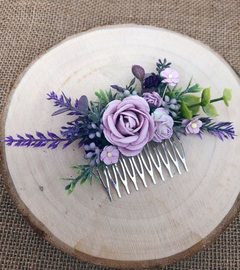 A stunning flower hair comb ideal for weddings. Perfect for your adult or child bridesmaids or for the bride herself.  The hair piece is adorned with lilac and purple small mulberry paper flowers, lavender and faux foliage set on a silver comb.  The size of the comb is approx 15cm at the widest point.  Please take note before buying that I aim to make each item within 3-5 working days. Each order I receive is handmade to order, so if you require sooner than the timescale specified, please contac Lavender Hair Piece, Lavender And Sage Wedding Colors, Lilac And Sage Wedding, Sage And Lilac Wedding, Sage Green And Lavender Wedding, Bridesmaid Hair Comb, Bridesmaid Hair Pieces, Jar Centerpieces, Bridesmaid Hair Accessories