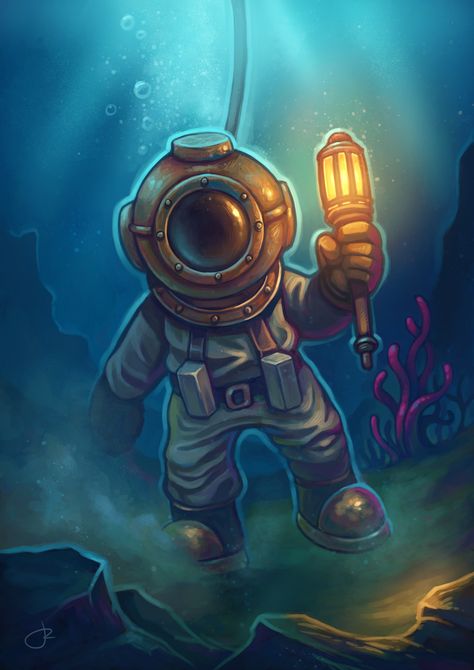 Deep Sea Diver Character Design, Scuba Diver Character Design, Deep Diver Art, Deep Sea Diver Illustration, Deep Sea Diver Art, Diver Aesthetic Deep Sea, Diver Art, Deep Sea Diver, Diving Helmet