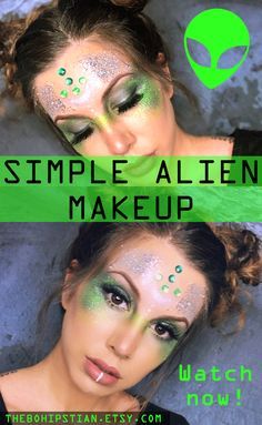 Ladies Alien Costume, Martian Makeup Halloween, Alien Hair And Makeup, Alien Diy Makeup, Space Cadet Makeup, Area 51 Themed Party Outfit, Alien Makeup Halloween Easy, Alien Glitter Makeup, Alien Headpiece Diy