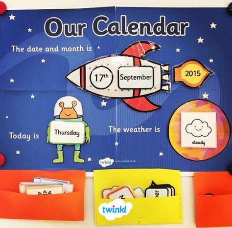 Calendar For Kindergarten Classroom, Space Calendar, Days Of The Week Display, Space Theme Classroom, Preschool Calendar, Calendar Themes, Space Activities For Kids, Weather Cards, Eyfs Classroom