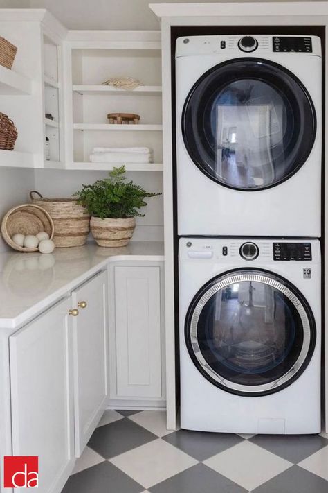 Laundry Room With Stackable, Washer Dryer Laundry Room, White Laundry Room, Stackable Laundry, Utility Room Designs, White Laundry Rooms, Laundry Room/mud Room, Pantry Laundry Room, Tiny Laundry Rooms