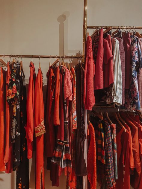 Red Closet, Red Clothes, Vintage Aesthetics, Clothes Closet, Red Outfit, Clothing Rack, Wardrobe Rack, Wardrobe, Red