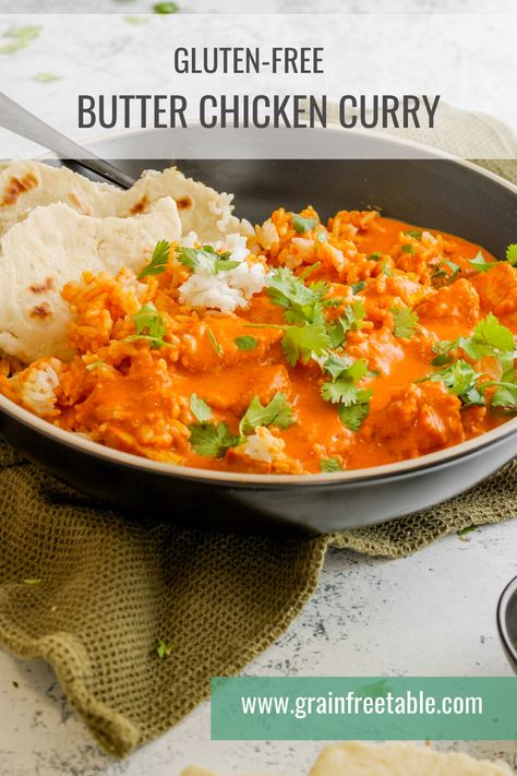 This gluten-free butter chicken curry recipe makes the perfect dinner when you are craving Indian food but don't want to go out to eat. Prep it ahead of time, and it becomes an easy and delicious dinner to finish cooking off for busy nights. I also suggest whipping up a batch of gluten-free naan to dip into the sauce. Dairy Free Butter Chicken Recipe, Gluten Free Butter Chicken Recipe, Gluten Free Indian Recipes, Gluten Free Chicken Curry Recipes, Gluten Free Butter Chicken, Butter Chicken Curry Recipe Easy, Butter Chicken Curry Recipe, Vegan Butter Chicken Curry, Gluten Free Curry Recipes